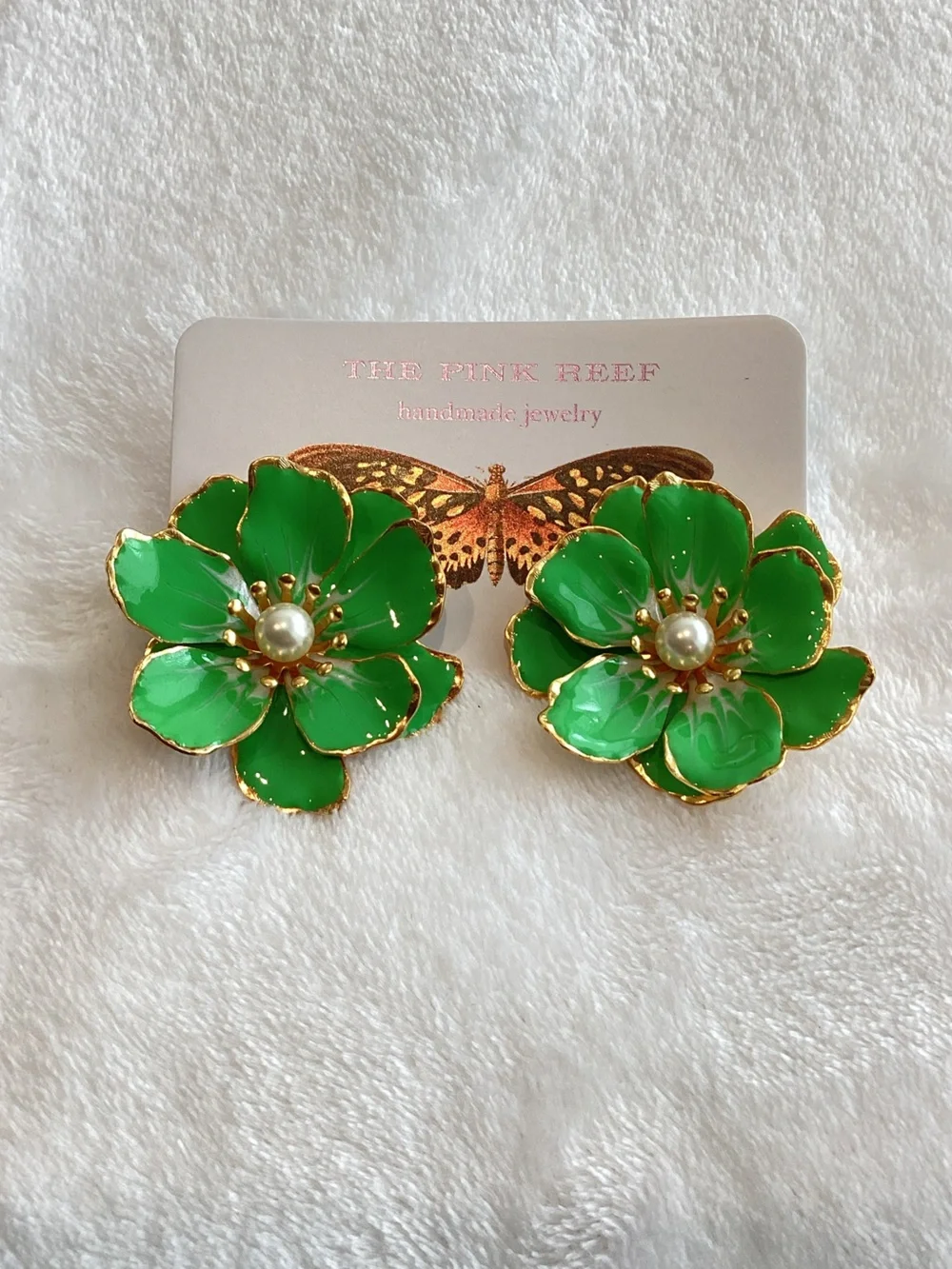 Anthropologie Pink Reef Handpainted Earrings New Green Flowers Pearl